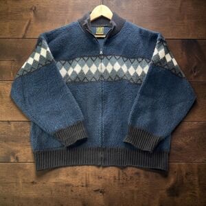 Otavalo Ecuador Nordic Diamond Knit Quarter Zip Mock Neck Sweater Mens L Blue
